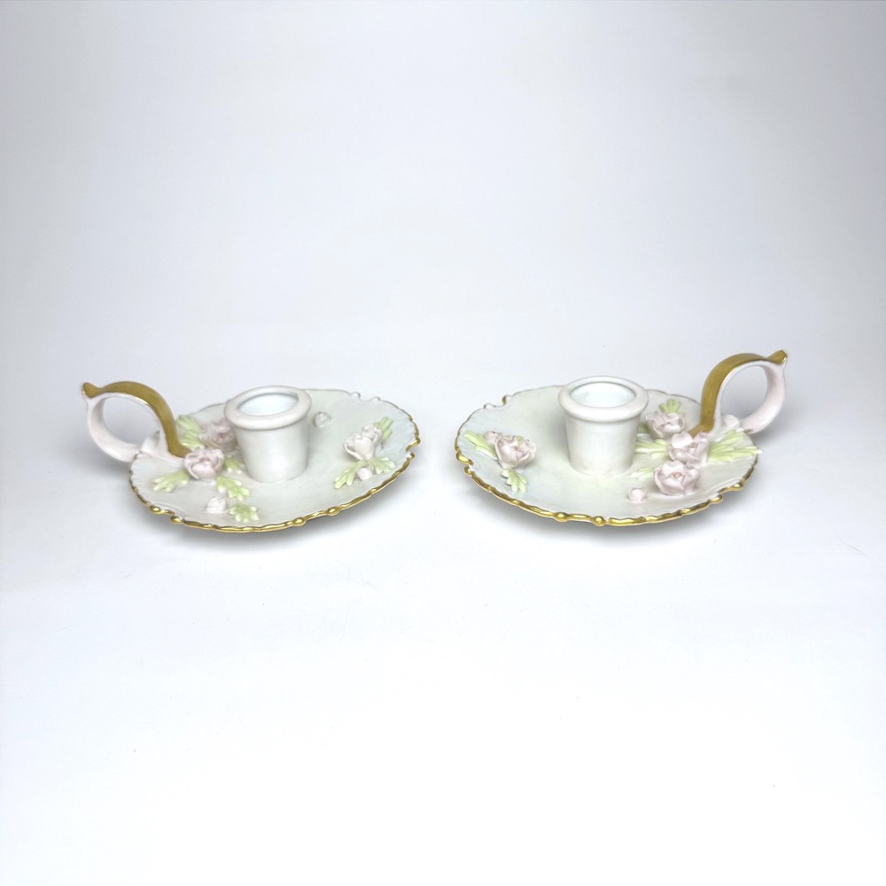 Vintage Lefton Porcelain Pink Rose Chamberstick Candle Holder Pair Gold Trim